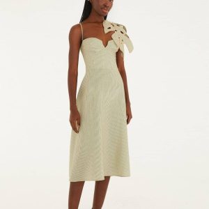 Green Striped 3d Monstera Leaf Euroflax™ Premium Linen Midi Dress