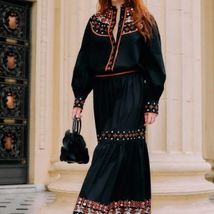 Black Embroidered Tiered Maxi Skirt