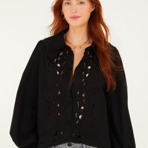 Black Embroidered Buttoned Puff Sleeve Shirt