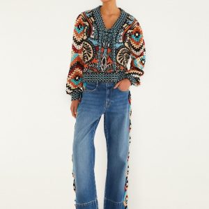 Colorful Stripes Crochet Denim Pants