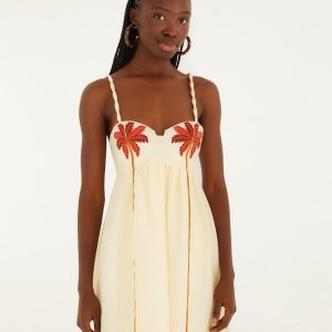 Off-White Coconut Tree Embroidered Euroflax™ Premium Linen Mini Dress