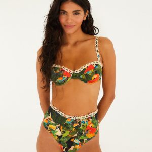 Green Bird Leaves High Waist Bikini Bottom