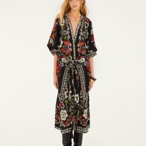 Black Rococo Flowers Belted Midi Dress