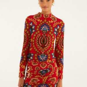 Red Folk Tapestry Jersey Mini Dress