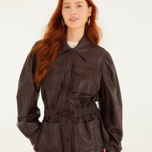 Burgundy Drawstring Pockets Leather Parka