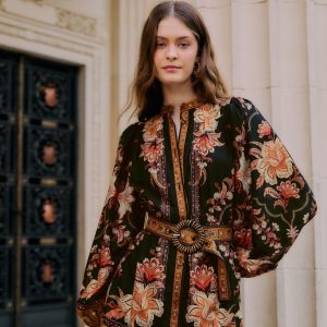 Black Majestic Garden Beaded Buckle Long Sleeve Mini Dress