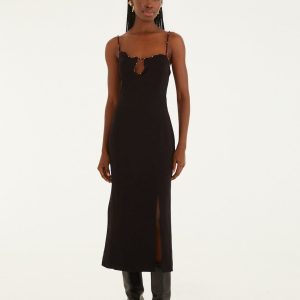Black Beaded Neckline Sleeveless Midi Dress
