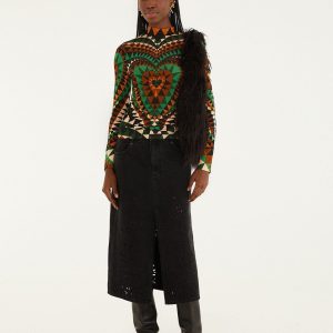 Black Denim Richelieu Front Slit Midi Skirt