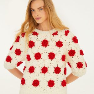 Red Flower Crochet Knit Blouse