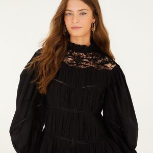 Black Lace Puff Sleeve Blouse