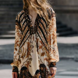 Sand Majestic Garden Lace Long Sleeve Mini Dress