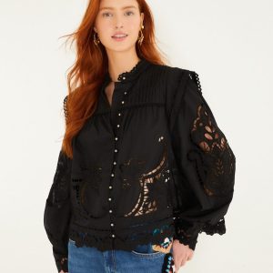 Black Richelieu Puff Sleeve Organic Cotton Blouse