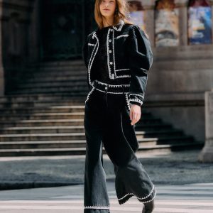 Black Crochet Embroidery Wide-Leg Denim Pants