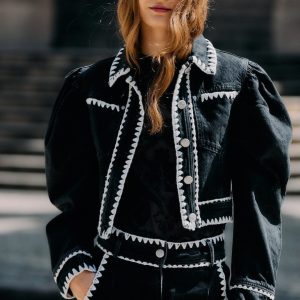 Black Romantic Crochet Embroidery Puff Sleeve Denim Jacket