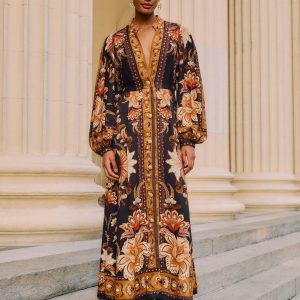 Black Majestic Garden Buttoned Puff Sleeve Maxi Dress