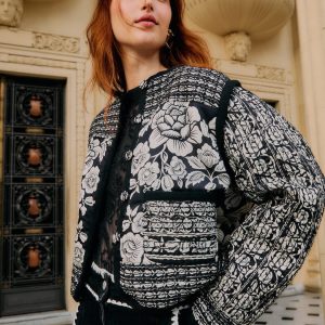 Black Cashews And Birds Seam Padded Jacket