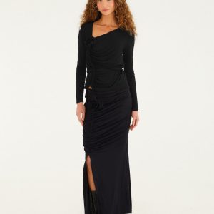 Black Flower Draped Side Slit Midi Skirt