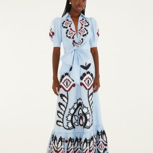 Blue Artisanal Embroidered Lace Front Bow Maxi Dress