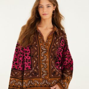 Brown Leopard Scarf Polo Knit Sweater