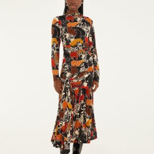 Multicolor Cats And Dogs Long Sleeve Draped Midi Dress