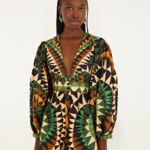 Green Heart Deco Puff Sleeve Organic Cotton Mini Dress