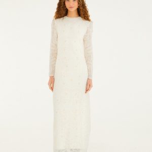 Off-White Embroidered Crew Neck Long Sleeve Maxi Dress