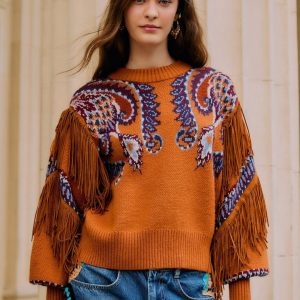 Brown Arabesque Scarf Fringe Cuffed Knit Sweater