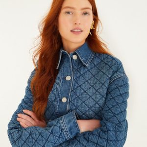Denim Buttoned Quilted Bomber Jacket
