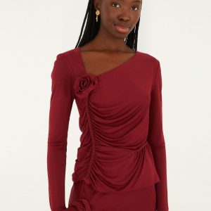 Burgundy 3d Flower Draped Long Sleeve Blouse