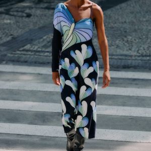 Black Lovely Anthurium One-Shoulder Maxi Dress