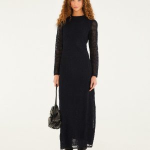 Black Embroidered Sheer Sleeve Maxi Dress