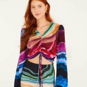 Multicolor Precious Gems Long Sleeve Draped Top