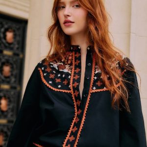 Black Embroidered Buttoned Long Sleeve Shirt