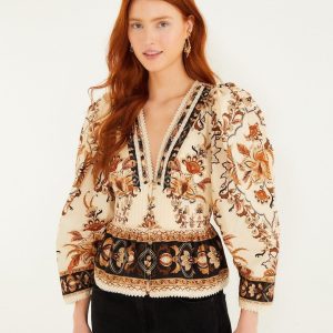 Sand Majestic Garden Lace Puff Sleeve Organic Cotton Blouse