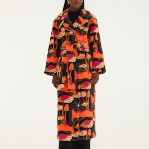 Black Wild Mushrooms Maxi Fleece Coat