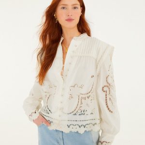 Off-White Richelieu Puff Sleeve Organic Cotton Blouse