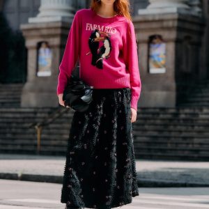 Black 3d Flowers Embroidered Midi Skirt