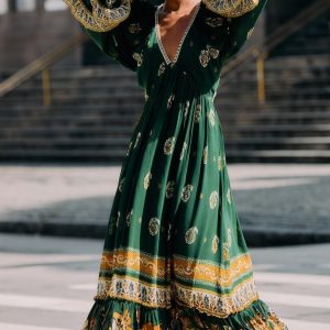 Green Ayla Long Sleeve Ruffled Maxi Dress