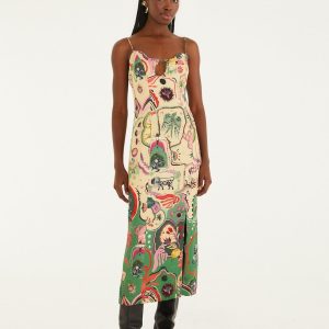 Beige Artsy Surreal Land Beaded Sleeveless Midi Dress